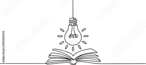 One single line drawing of shining light bulb above open text book logo identity. one line Icon drawing