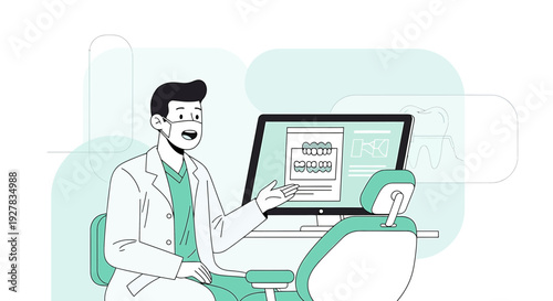 Dentist Explains Dental Health on Computer Screen in Modern Clinic