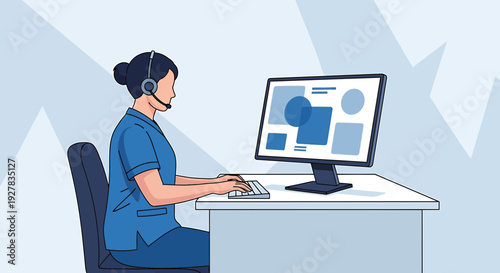 Healthcare professional wearing headset working on computer, customer service