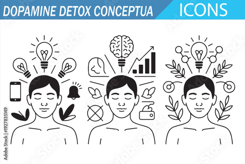 Dopamine Detox Concept Illustration – Mental Health, Digital Detox, Mindfulness and Brain Balance Line Icons with Human Portrait Vector