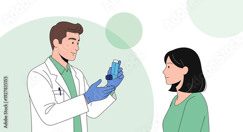 Doctor shows asthma inhaler to patient, medical consultation, healthcare concept