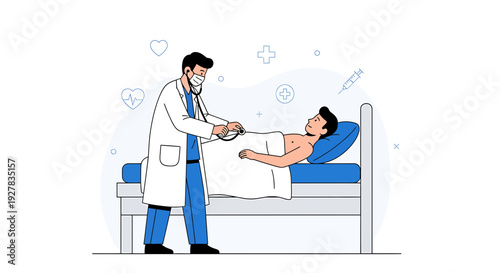 Doctor Using Stethoscope to Examine Patient Lying in Hospital Bed