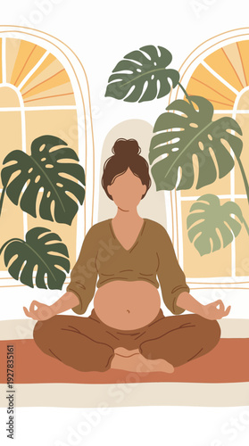 Pregnant woman practicing prenatal yoga lotus pose, modern boho interior with monstera plants vector