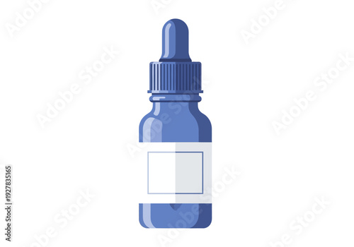 A blue glass dropper bottle with a blank label for product branding mockups, an isolated vector graphic for cosmetic serum, essential oil, or medicine