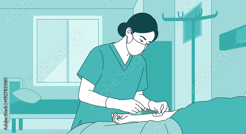 Nurse Administering IV Drip to Patient in Hospital Room