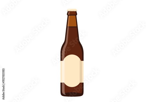 A classic brown glass beer bottle with a blank label shown in a flat vector style. This alcoholic beverage container is isolated on a white background