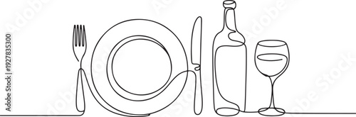 Continuous one single line drawing of plate, fork, knife, bottle of wine and glass. Restaurant menu. Menu food design. one line Icon drawing