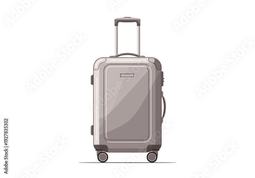 Modern gray rolling suitcase illustration for travel and vacation, isolated on a white background. Vector graphic of luggage for a journey