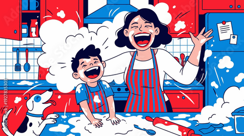 Happy mother and son baking with messy flour explosion in kitchen, retro pop art comic style vector
