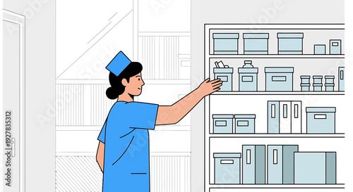 Nurse Organizing Medical Supplies in Storage Room