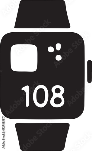 Smartwatch Icon Displaying Heart Rate 108 BPM, Black Silhouette, Technology Concept