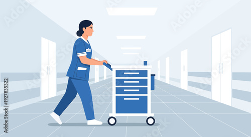 Nurse Pushing Medical Cart Down Hospital Corridor