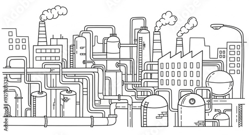 Industrial Factory Complex with Pipes and Smokestacks.