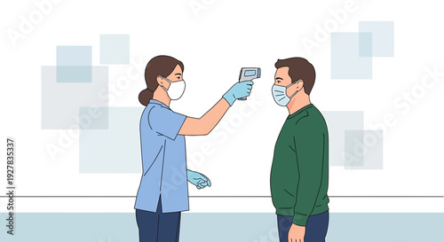 Nurse taking patient's temperature with infrared thermometer, healthcare concept