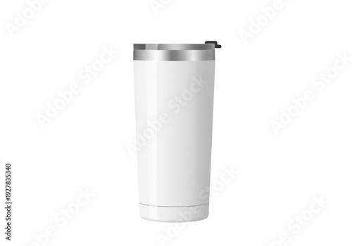 Blank white travel tumbler with lid isolated on a white background. Insulated stainless steel coffee mug mockup for branding and design