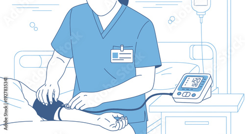 Nurse taking patient's blood pressure in hospital room, medical care concept