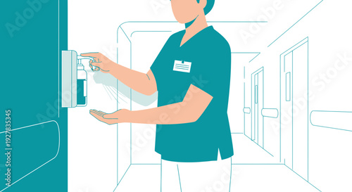Nurse Using Hand Sanitizer in Hospital Corridor
