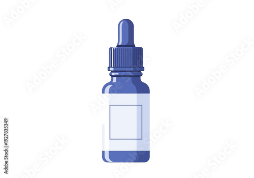 Isolated blue cosmetic dropper bottle for serum, essential oil, or medicine. Flat vector graphic design element with a customizable blank label on a white background