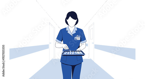 Nurse using tablet in hospital corridor, modern healthcare technology