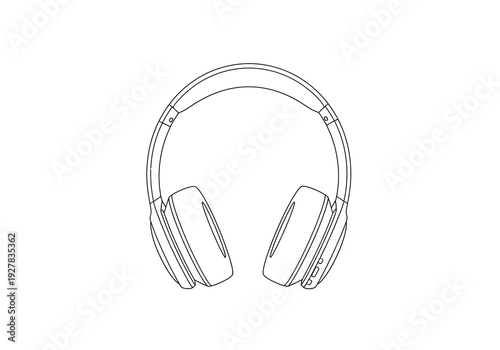 Sleek line art illustration of over-ear headphones, a clean vector drawing symbolizing immersive sound, personal audio, and modern technology devices for various digital and print applications