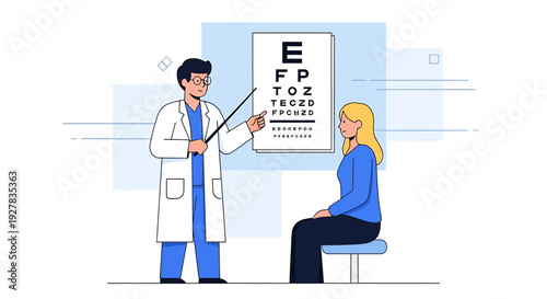 Optometrist Performing Eye Exam with Patient and Eye Chart