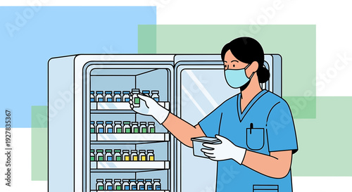 Nurse with Vaccine Vials in Refrigerator, Healthcare and Medical Storage