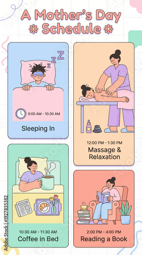 Relaxing Mother's day schedule infographic concept, sleeping in massage and reading a book flat vector