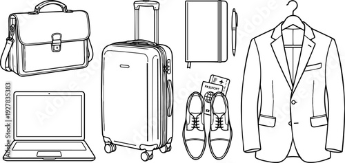 Line art vector of a business travel concept with a suitcase, suit, briefcase, laptop, and passport