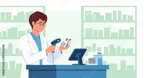 Pharmacist Scanning Medication with Barcode Scanner at Counter in Pharmacy