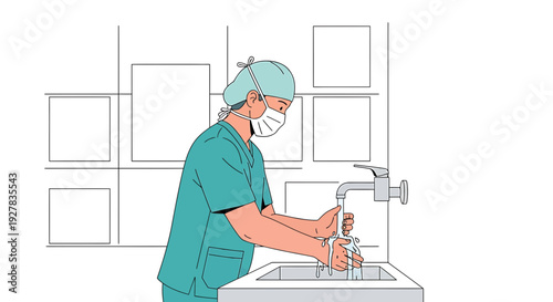 Surgeon Washing Hands In Hospital Sink, Cleanliness And Hygiene