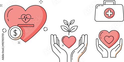 Collection of line art icons symbolizing cardiovascular health finance care well being and medical assistance clearly depicted