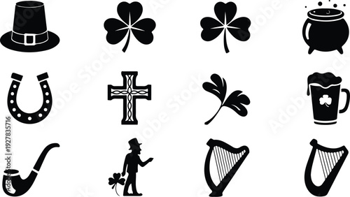 St Patricks Silhouette Icon Vector Set Saint Patrick Typography Silhouette Icon Pack