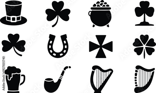 St Patricks Silhouette Icon Vector Set Saint Patrick Typography Silhouette Icon Pack