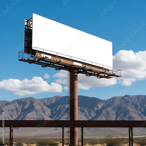 Clean white billboard canvas on a metal structure overlooking a dry desert plain and beautiful blue cloudy sky