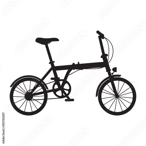 Black bicycle silhouette with folded frame and wheels on white background  side view  foldable bike