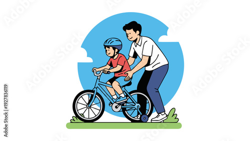 Father Teaching Young Son to Ride a Bicycle with Training Wheels Family Support Illustration