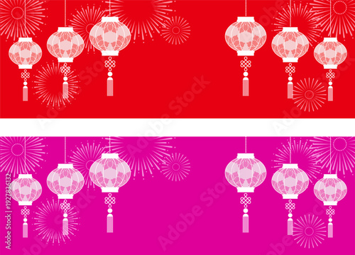 春節の灯籠と花火の背景イラスト素材 ベクター 旧正月 