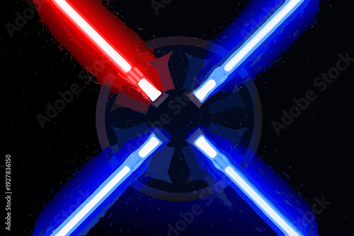 Clashing lightsabers over the galactic empire symbol in dark space