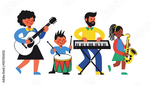 Diverse Family Band Playing Music Together Guitar Keyboard Drums and Saxophone Illustration