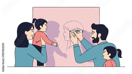 Happy Family Creating a Silhouette Portrait Drawing Together for Memories