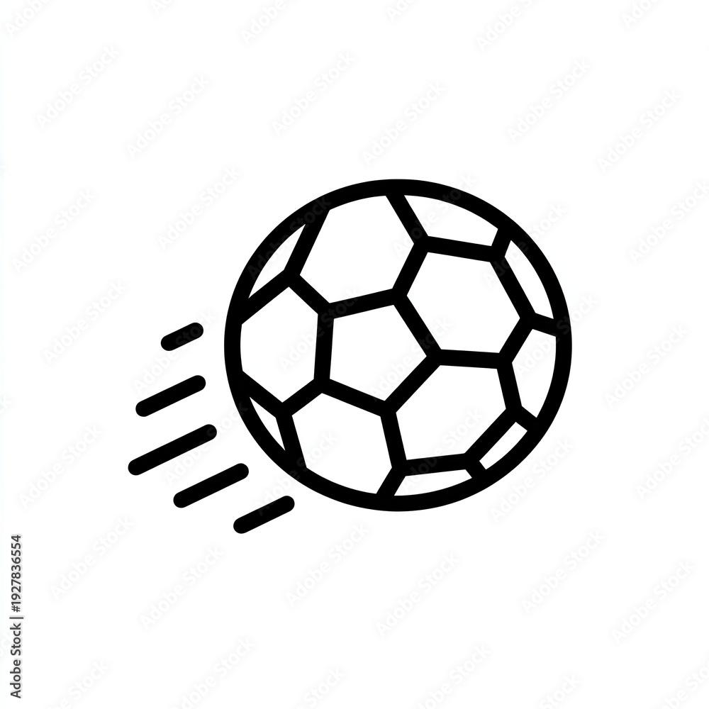Fototapeta premium A simple black outline drawing of a soccer ball with motion lines, against a white background