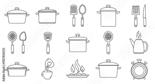 Kitchen Utensils and Cookware Icons Set.