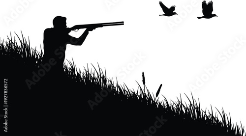 Hunter Silhouette Aiming Shotgun at Flying Ducks in Marsh Grassland, Black Vector Illustration of Wildlife Hunting Scene at Sunset