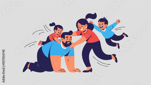 Joyful Family Playing Together Father Mother and Two Young Children Having Fun Indoors