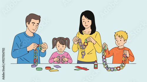 Happy Family Making Colorful Paper Chain Crafts Together at Home