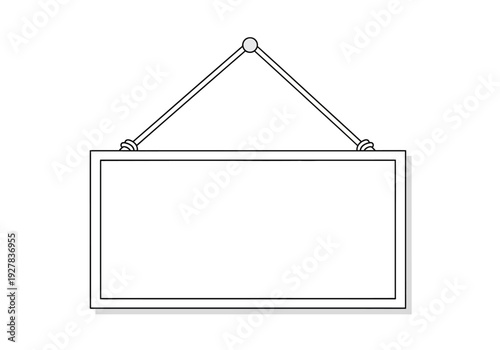 Vector illustration of a blank hanging sign with a simple frame, a minimalist outline of a signboard suspended by a cord for custom text and messages