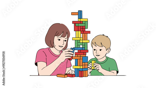 Children Playing Jenga Tower Game Concept Illustration for Family Fun and Skill Development