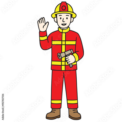 Modern vector artwork of a professional male firefighter wearing complete safety uniform, clean lines, strong posture, and heroic visual character.