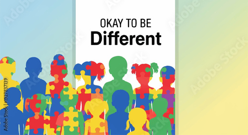 Diverse group of people with puzzle pieces okay to be different inclusivity and individuality concept