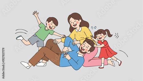 Happy Family Playful Tussle Parents and Two Children Enjoying Laughter and Fun Time Together